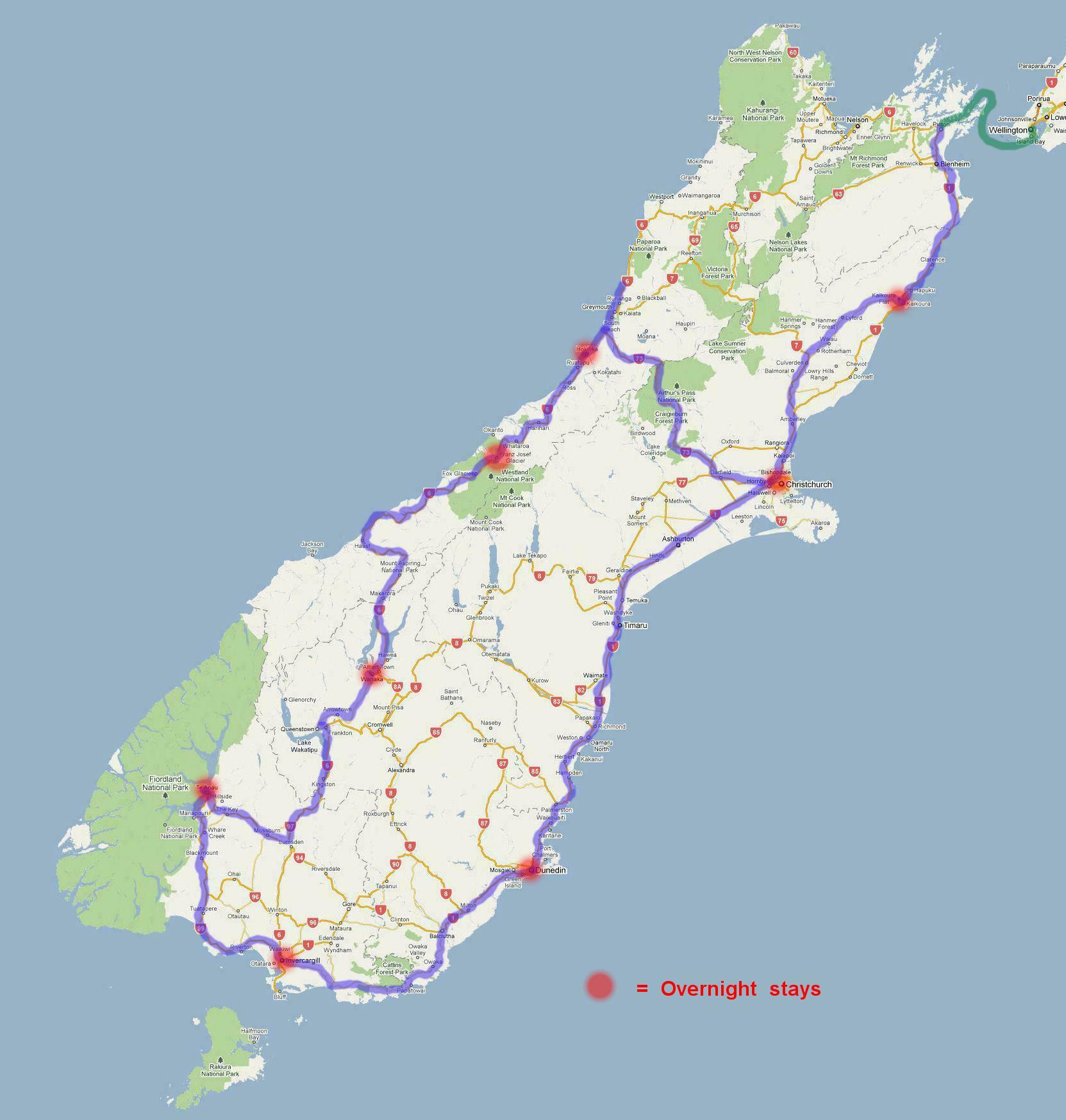 0002 South Island With Route & Overnights 